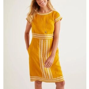 Boden Lena Linen Embroidered Dress Mustard Yellow Shift Pockets Boho Summer US 6